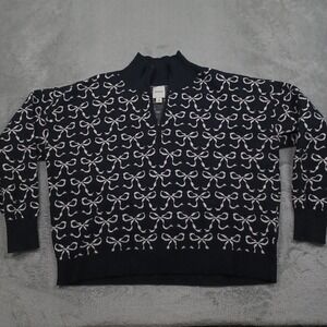 Maeve Sweater Womens Medium Black 1/4 ZIp Pullover Knit All Over Print